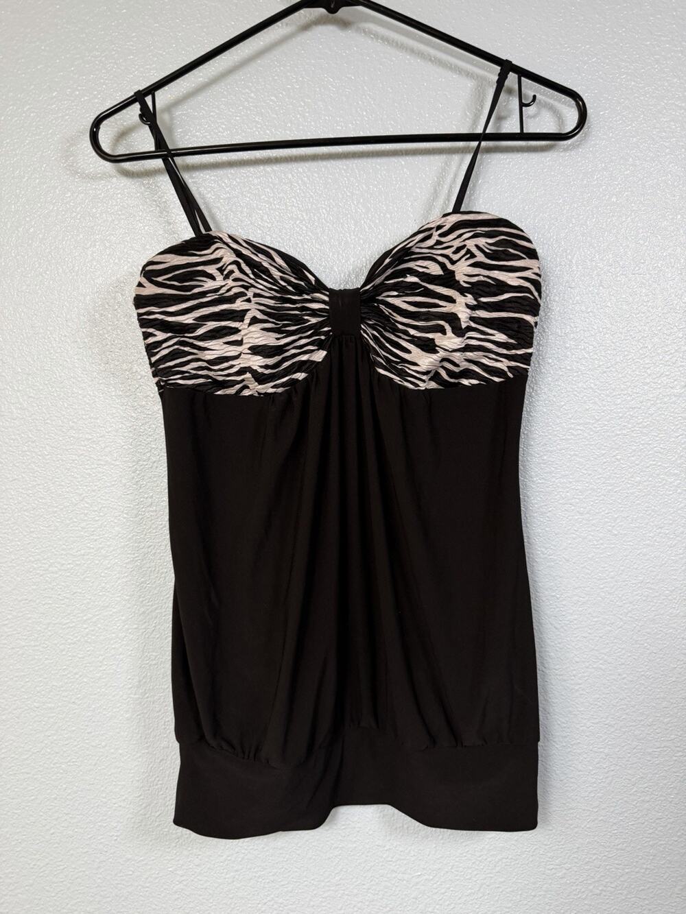 Y2K Womens Large Zebra Print Babydoll Cami Top Black Ruched Spaghetti Strap